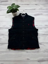 Polo Ralph Lauren Vintage Quilted Vest Men L Black Plaid Lined Snap Button Puffe