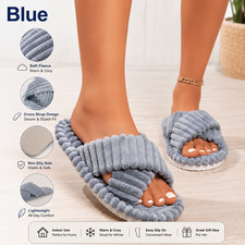 Ladies Cross Strap Fleece House Slippers Warm Soft Indoor Slip