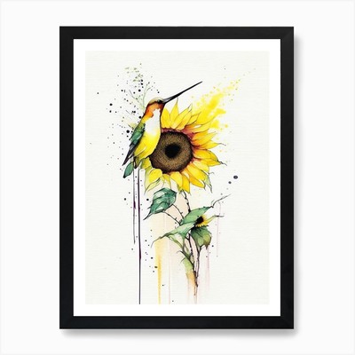 Kolibri und Sonnenblume Minimalis gerahmtes Wandbild Poster Leinwanddruck Bild