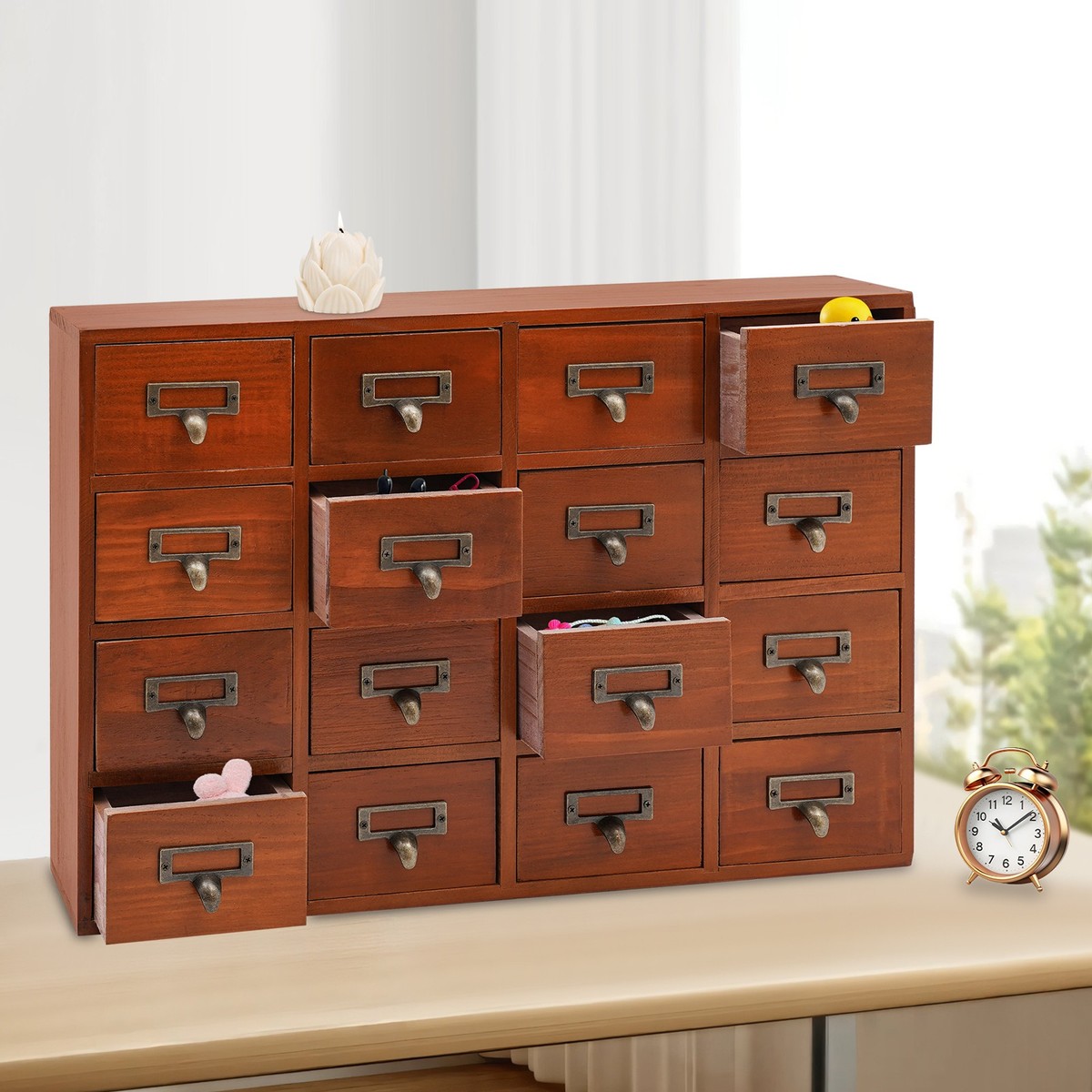 16 Drawers Vintage Tabletop Library Card Catalog Cabinet