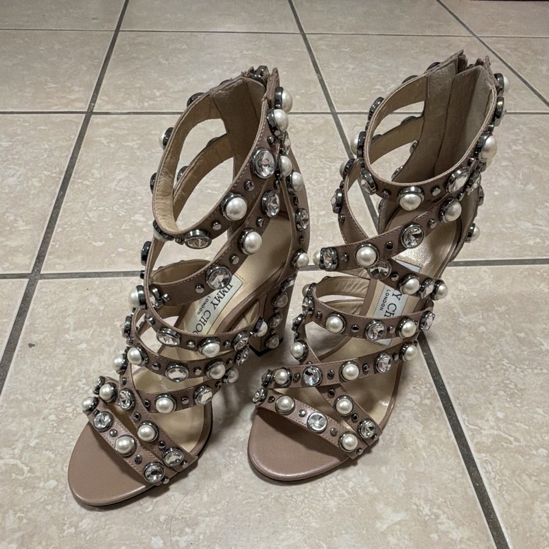 Jimmy Choo leather sandals with pearl and crystal embellishments
