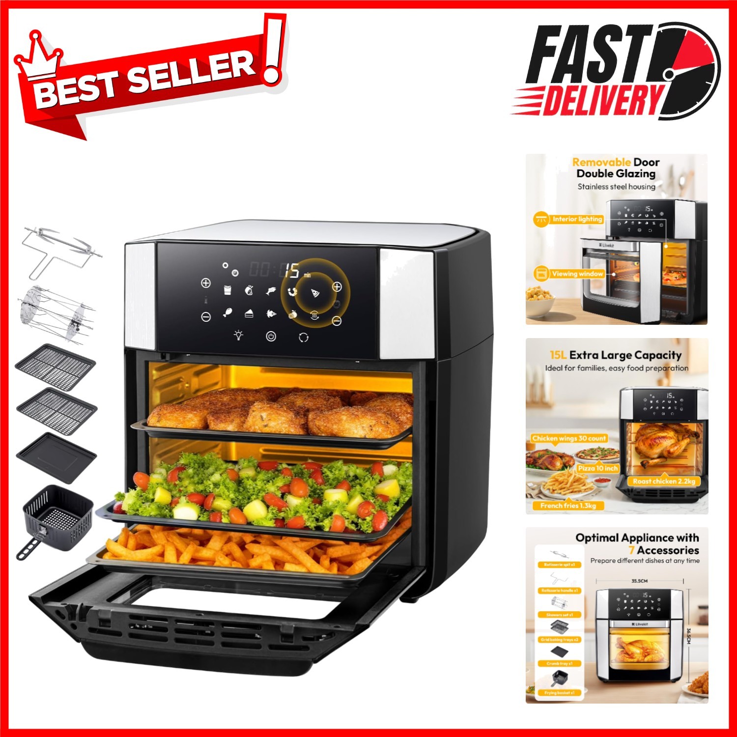 15L Air Fryer Oven with Rotisserie & 90% Oil Reduction - 10-in-1 Cooking