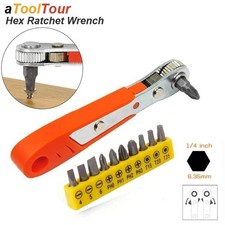 Ratcheting Right Angle Screwdriver Hex Drive 90 Degree Offset + 10pc Bits Set!