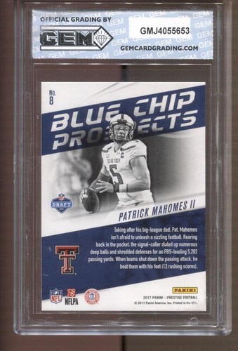 2017 Patrick Mahomes Prestige Blue Chip Prospects #8 Gem Mint 10 RC Chiefs - Picture 2 of 2