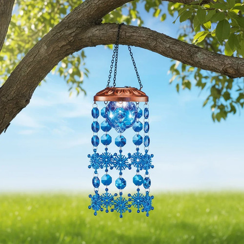 Solar Lighted Blue Snowflake Mobile Chandelier Wind Chime Hanging Outdoor Decor - 第 6/6 張圖片