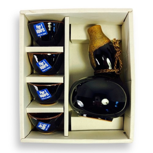 Saki Set for 4 Pier One Imports NIB Glazed Pottery Stoneware Vintage Barware - Picture 1 of 7