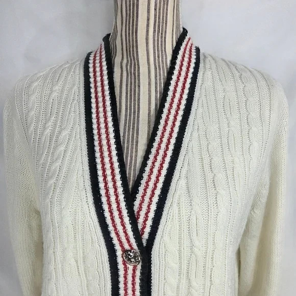 Tommy Hilfiger White w/Red White Blue Edges VNeck Cable Knit Cardigan Size Large thumbnail 2