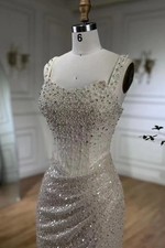 Sparkling Silver Beaded Prom Dress   Elegant Mermaid Evening Gown with Illusion