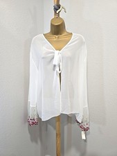 NWT Vtg Delicates Bed Jacket XL Cream Sheer Chiffon Floral Front Tie Bell Sleeve
