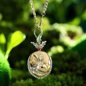 Authentic 1.20Ct Lab Created Diamond Coin Rabbit Carved Pendant 14K Yellow Gold Plated
