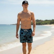 Psycho Bunny Mens Blue Black Wave Print Swim Trunks XXL 7 Inch Inseam