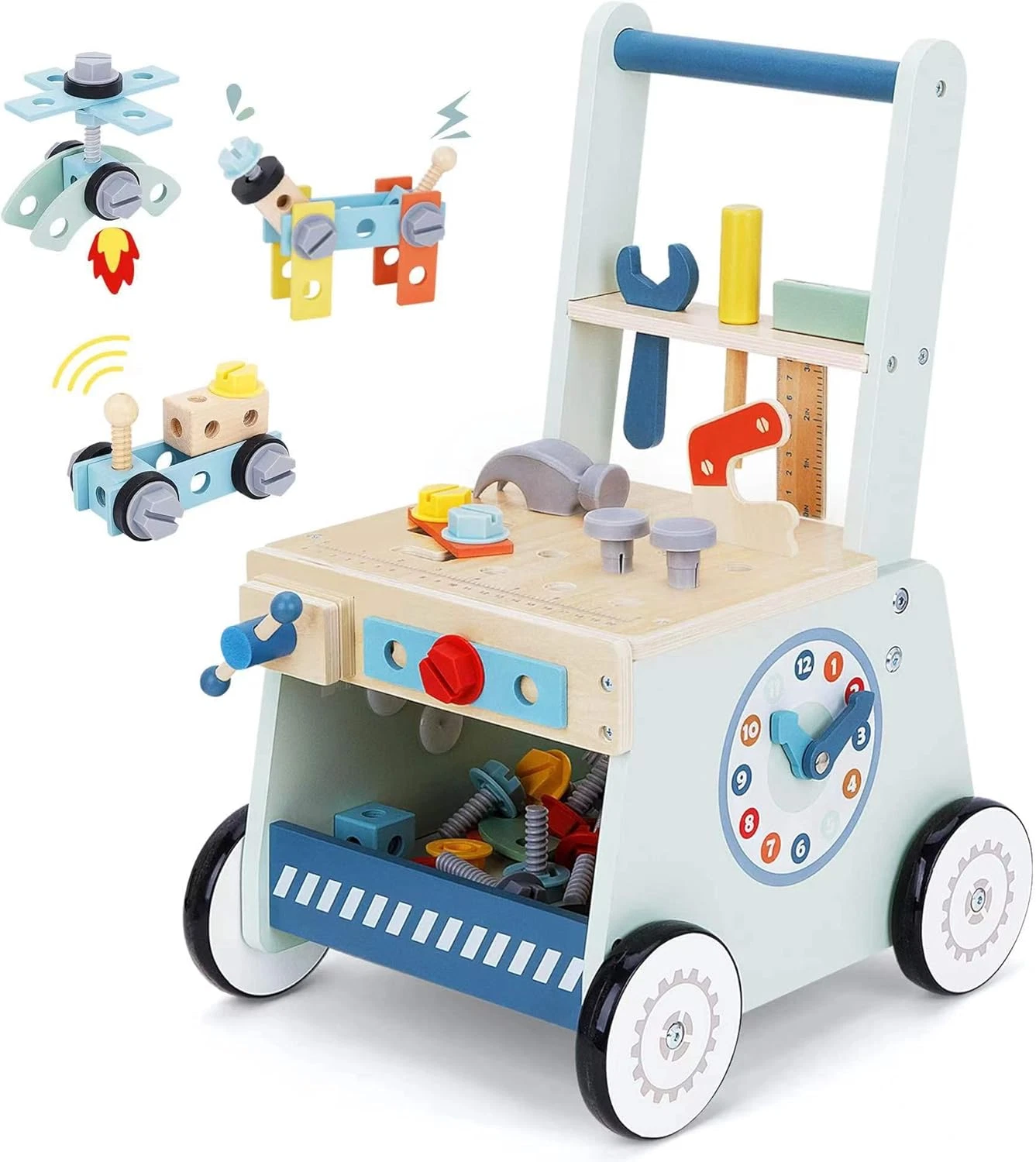 2-In-1 Baby Push Walker - Wooden Push Walker and Tool Toy for Babies - Toddler L
