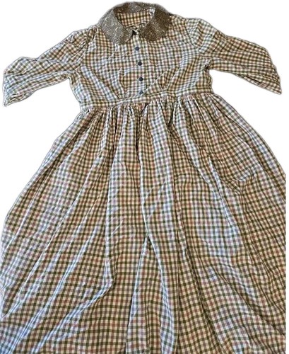 Handmade PRAIRIE Amish REENACTMENT DRESS Pioneer Colonial GREEN GINGHAM Cotton L - Picture 2 of 13