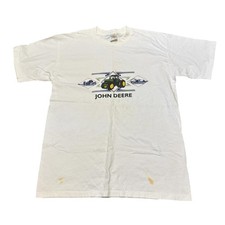 Vintage John Deere Shirt Mens Large White Tractor Farm Graphic USA 90s