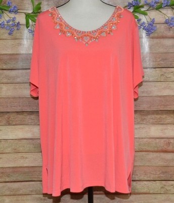 NWOT Susan Graver Artisan Beaded Blouse Size 3X Solid Peach Liquid Knit Tunic