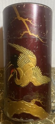 VTG Rare Hand-painted Red & Gold Japanese Tin Box Crane Flying 6.75  X 3.25 