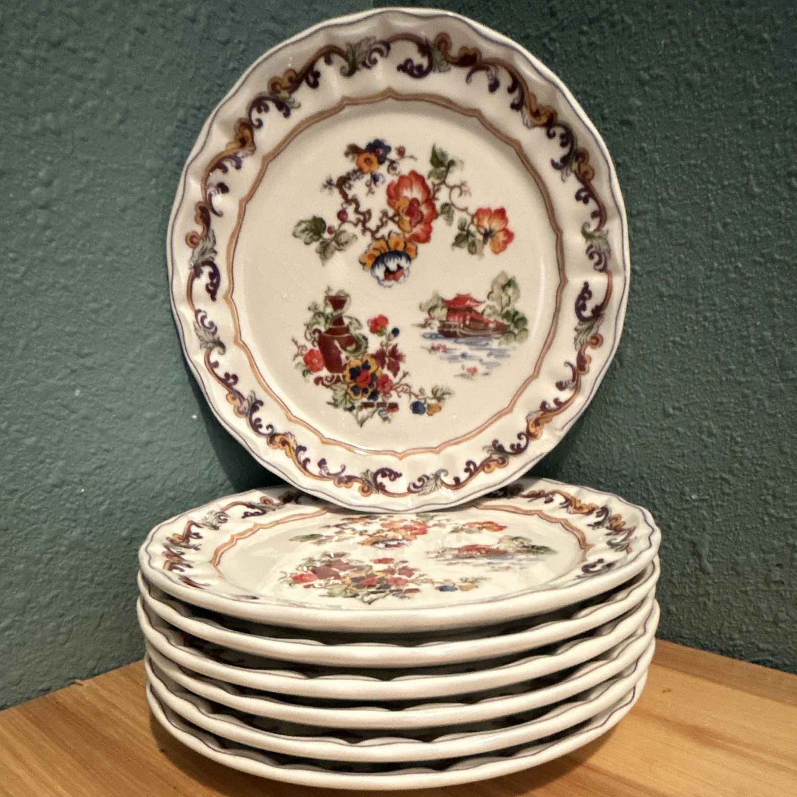 World Market Floral Decorative Ceramic Plate Set of 6 Vintage 8.5 Inch Round