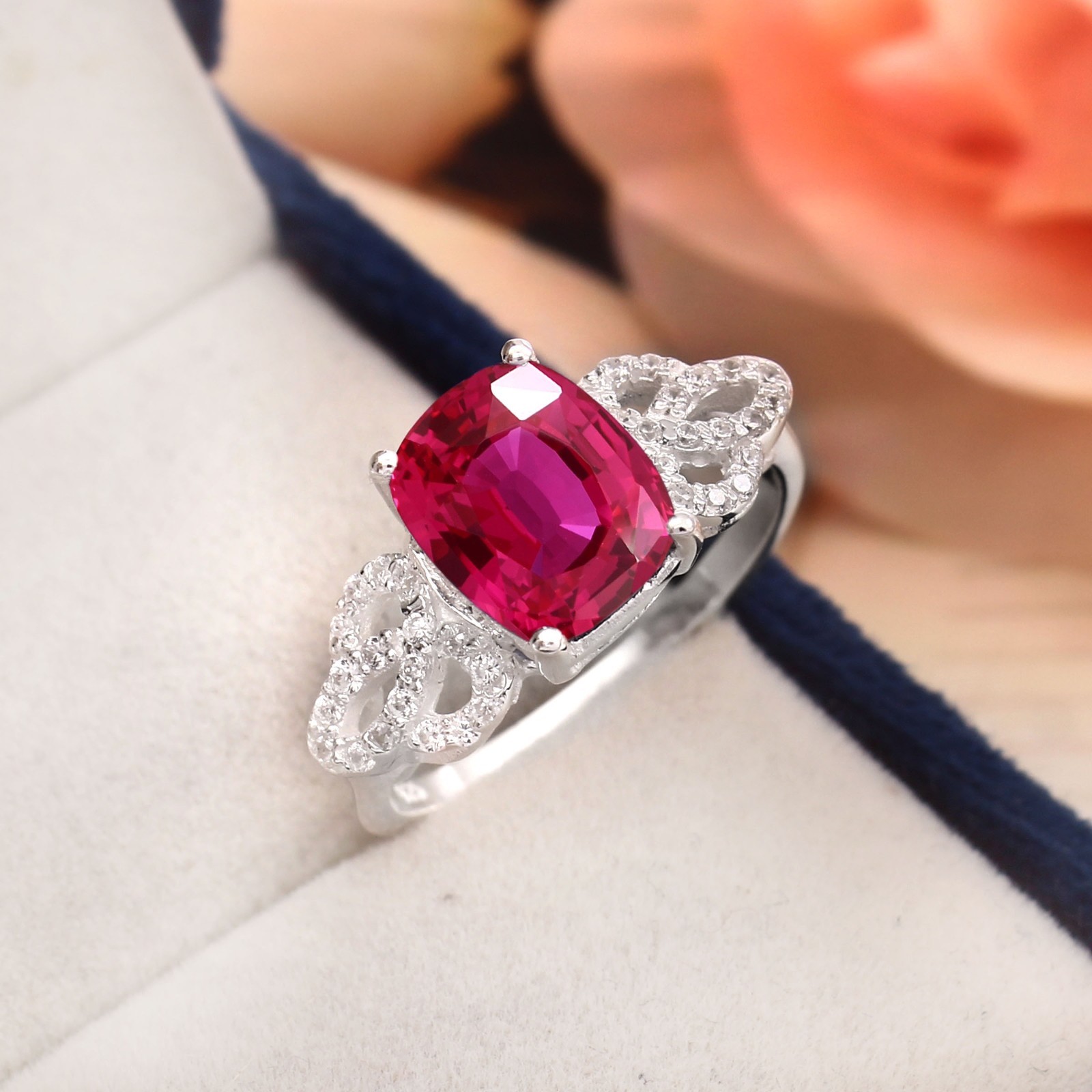 Anillo De Zafiro Rosa Tipo Cushion 10x8Mm Plata 925 Anillo Compromiso