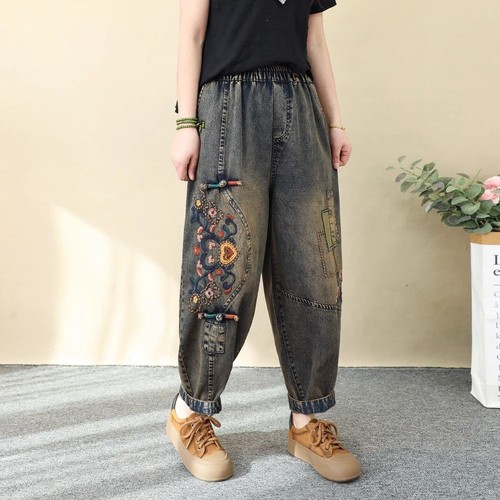 Pantaloni corti donna denim tasche etnici fiori ricamo harem pantaloni M-3XL - Foto 12 di 13