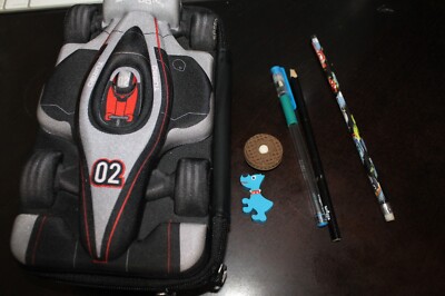 AS NEW FORMULA ONE RACE CAR BLACK SMIGGLE HARD SHELL PENCIL CASE + ACCESSORIES