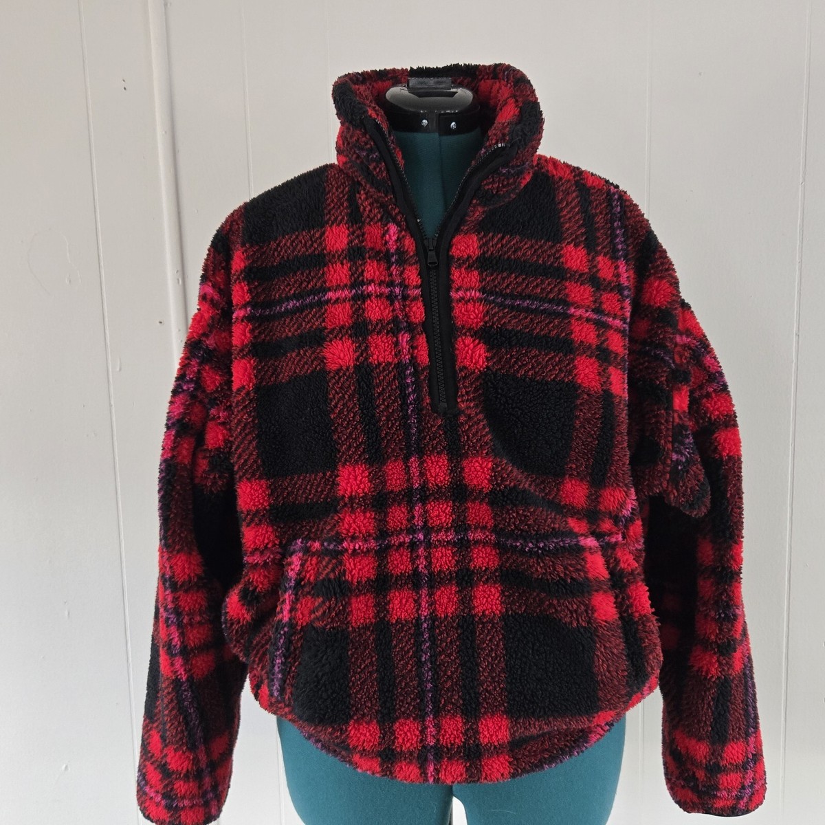 CHAPS Women's Sherpa Jacket Red Plaid Pullover 1/4 Zip LS SUPER SOFT Sz  Small