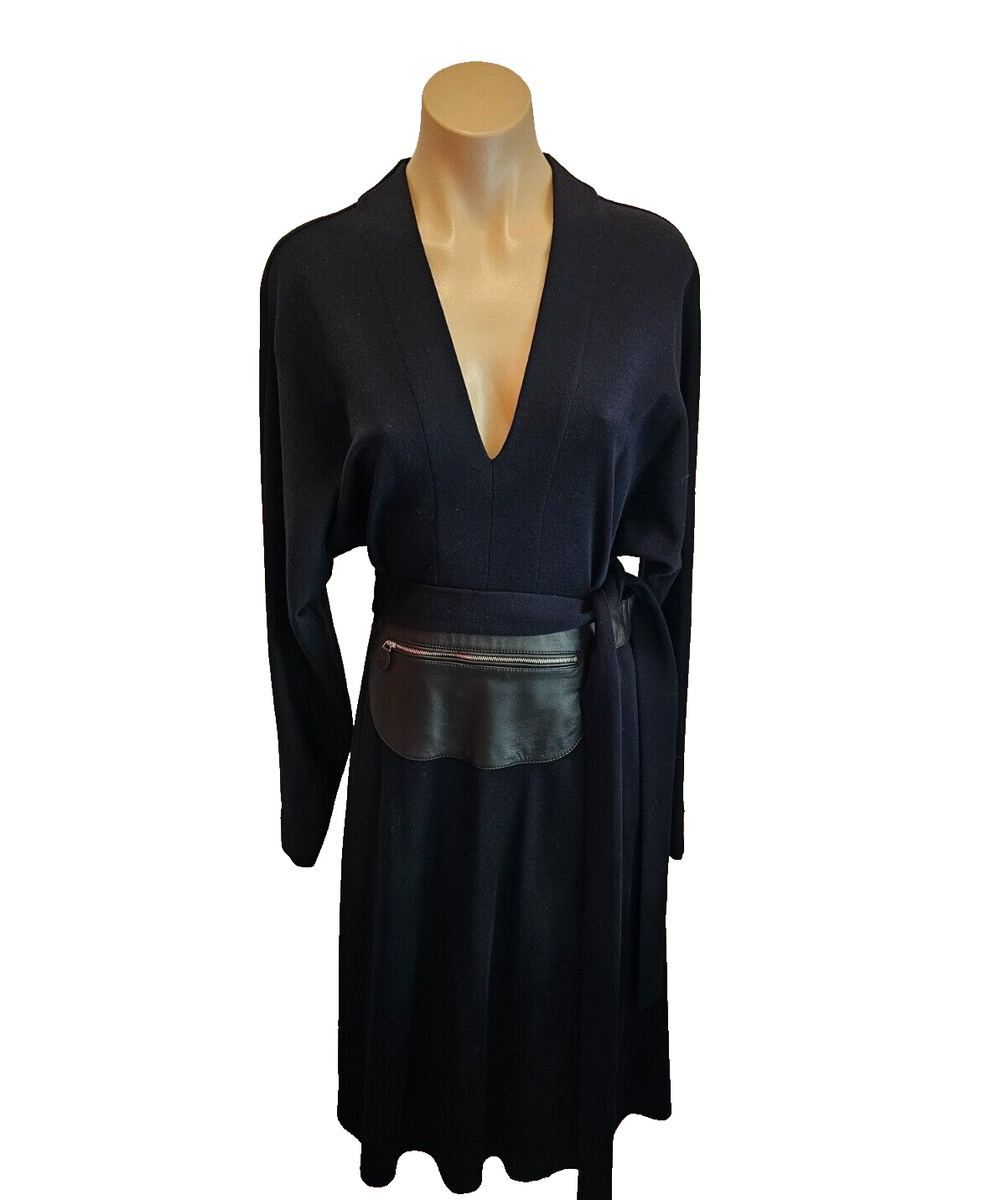 LANVIN Dark Blue Wool Long Batwing Sleeve Dress with "V" Neckline - Size 38 LANVIN Dark Blue Wool Long Batwing Sleeve Dress with "V" Neckline - Size 38