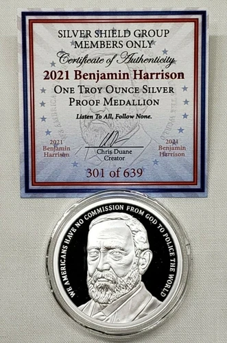 1oz 2021 Silver Shield Proof Benjamin Harrison Silver Round #23 President Series