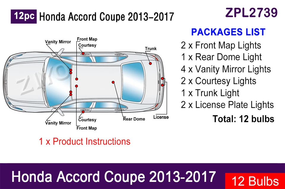 12pc LED Interior Light Upgrade for Honda Accord Coupe 2013-2017 Light Bulbs Kit - Imagen 2 de 4