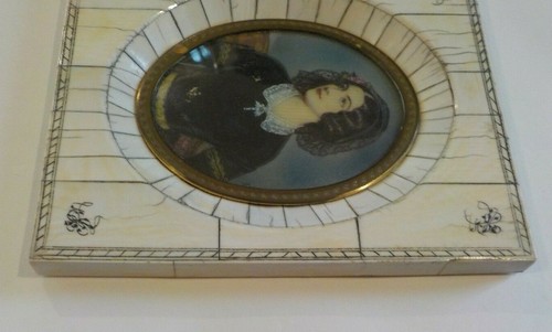 19th C. Miniature Watercolor Portrait Painting, Young Woman, Lace Scarf (#4) - Picture 5 of 8
