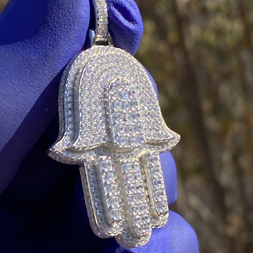 Real 925 Sterling Silver Hamsa Hand Fatima Pendant Iced CZ 3D Amulet Charm - Picture 6 of 12