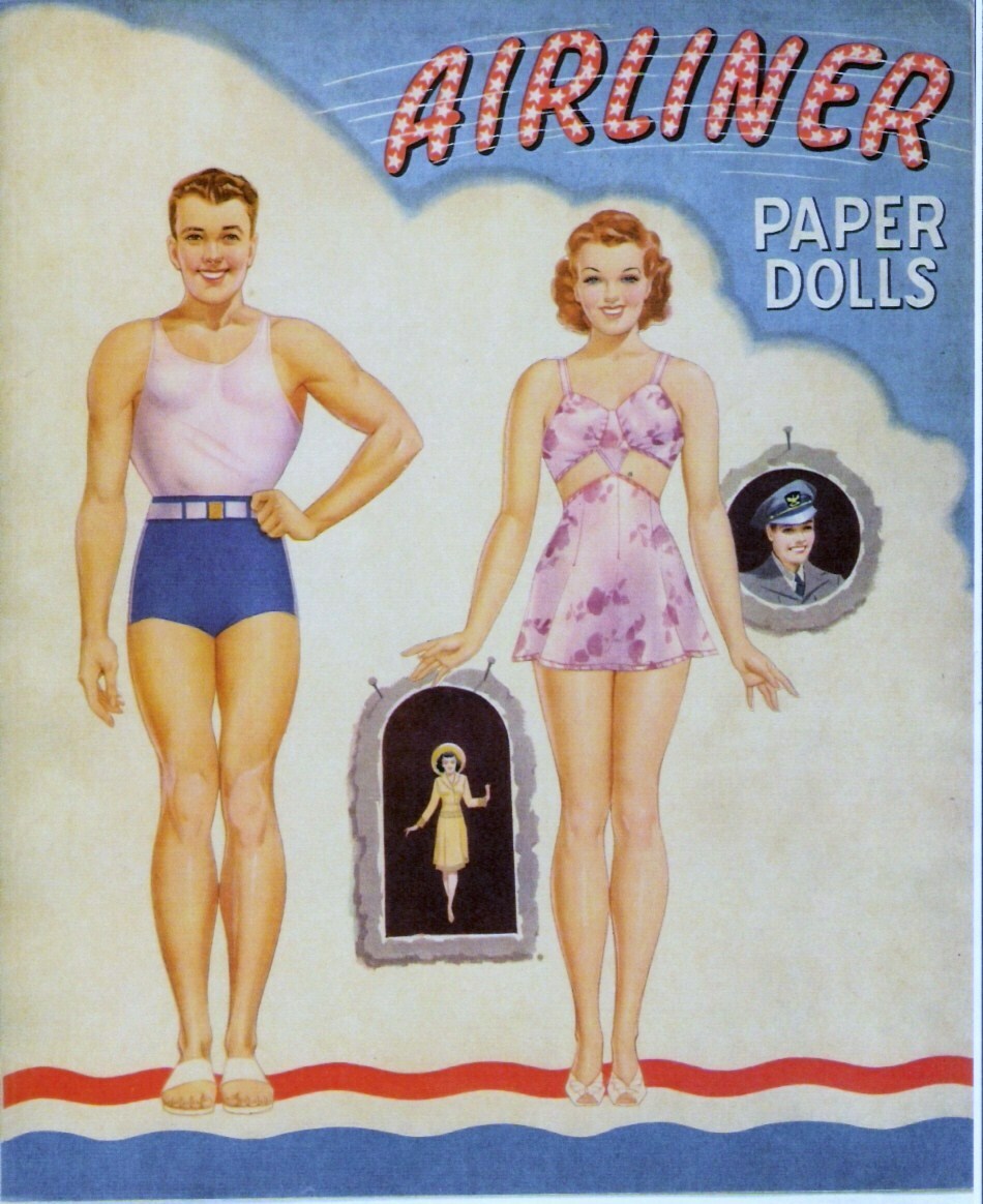 VINTAGE UNCUT 1941 AIRLINER PILOT & STEWARDESS PAPER DOLLS~#