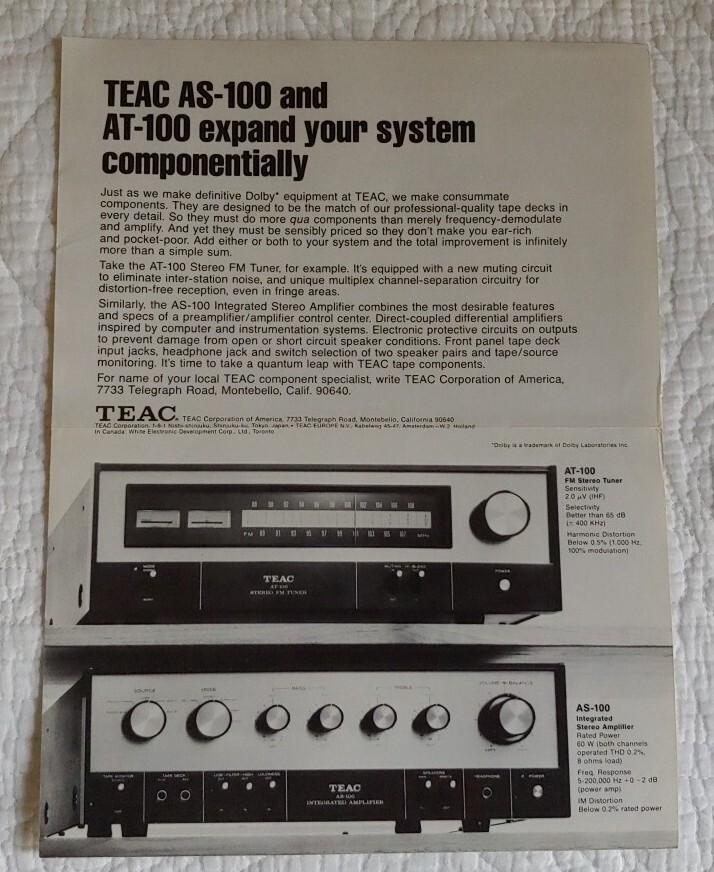 1970's TEAC Model AS-100 & Model AT-100 In-Store SPEC SHEET Sales Brochure