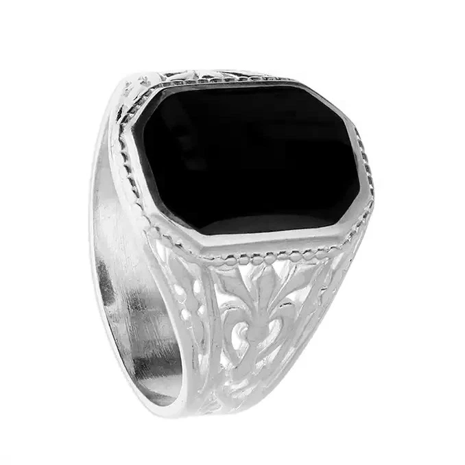 Argento Sterling da Uomo Anello Onice Decorato Design Marchiato MISURA S - W UK - Immagine 3 di 4