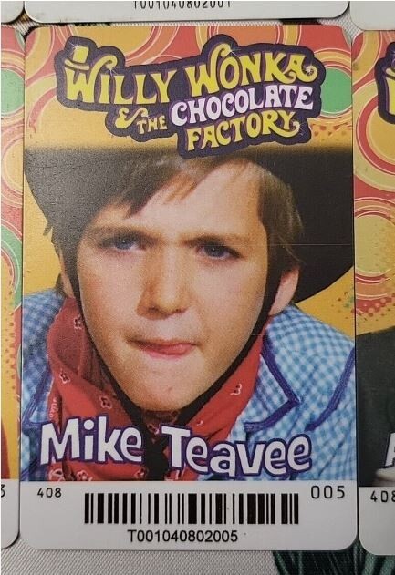 Lot of 5 Willy Wonka Mike Teavee Coin Pusher Arcade Cards with barcode