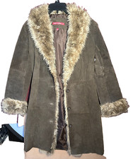 Vintage 90s Jennyfer J Long Leather Button Down Faux Fur Coat Small