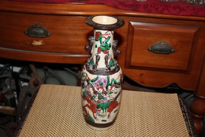 Chinese Japanese Pottery Vase Warriors In Battle Horses Foo Dogs