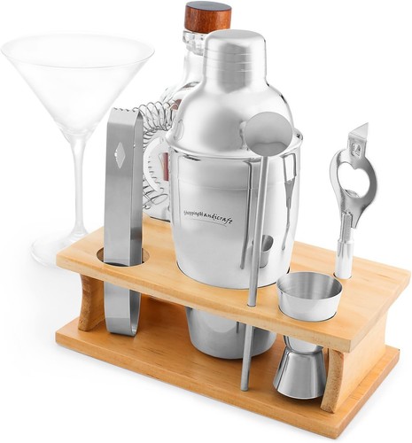 8-pc Stainless Steel Cocktail Bar Set Shaker Jigger Strainer Tongs Wooden Stand