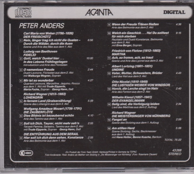 PETER ANDERS - In deutschen Opern - Acanta CD 1988 - Bild 2 von 2