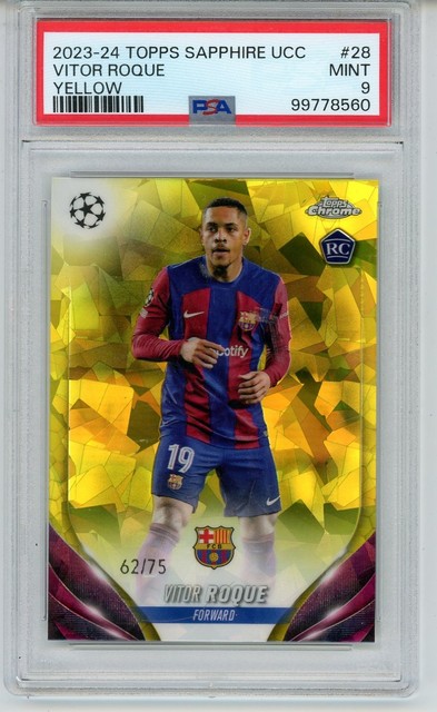 2023-24 Topps Chrome Sapphire UCC Vitor Roque RC Yellow /75 PSA 9 MINT (WD)
