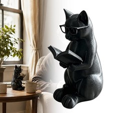 Nerd Cat Statue Reading Cat Ornament Book Lover Decor Shelf Display Gift
