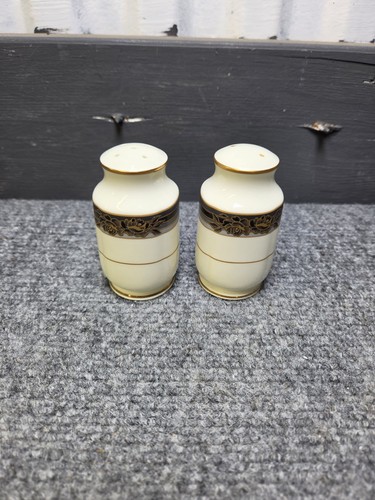 Noritake Spellbinder 9733 Salt and Pepper Shakers Vintage Bone China Black Gold