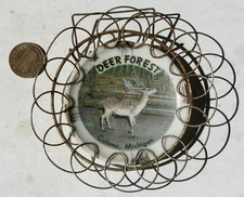 1960s Era Coloma Michigan Deer Forest Park Butter Pat Plate in Brass Stand RARE-