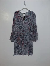NWT MSK Shift Dress Paisley Floral Bell Sleeve Stretch  Size 1X