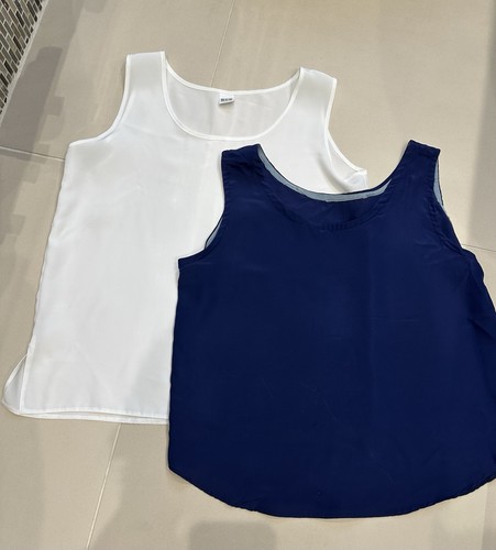 Two Silky Camisole Style Tops. Size 14. One White And One Navy Blue