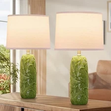 25” Green Lamps Set of 2 with Leaves Design for Living Room, Bedroom, Retro 