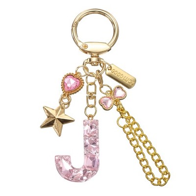 Initial Letter Keychain for Women Cute Heart Butterfly Star Chain Pink (J)