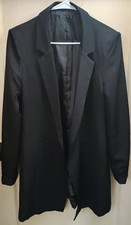 Women's Small Black Double Breasted Longline Blazer Stretch Notch Lapel Jacket