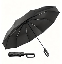 Black Solid Compact Folding Umbrella 48.8 in Canopy Closed 14.9 in
