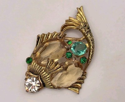 Vintage Rare Unsigned Yellow, Green, Clear Faceted Glass Bubble Fish Brooch