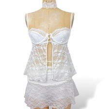 Coquette Y2K Womens S Lace Cami Sheer Bustier Tank Pearl Detail Fairy Lingerie